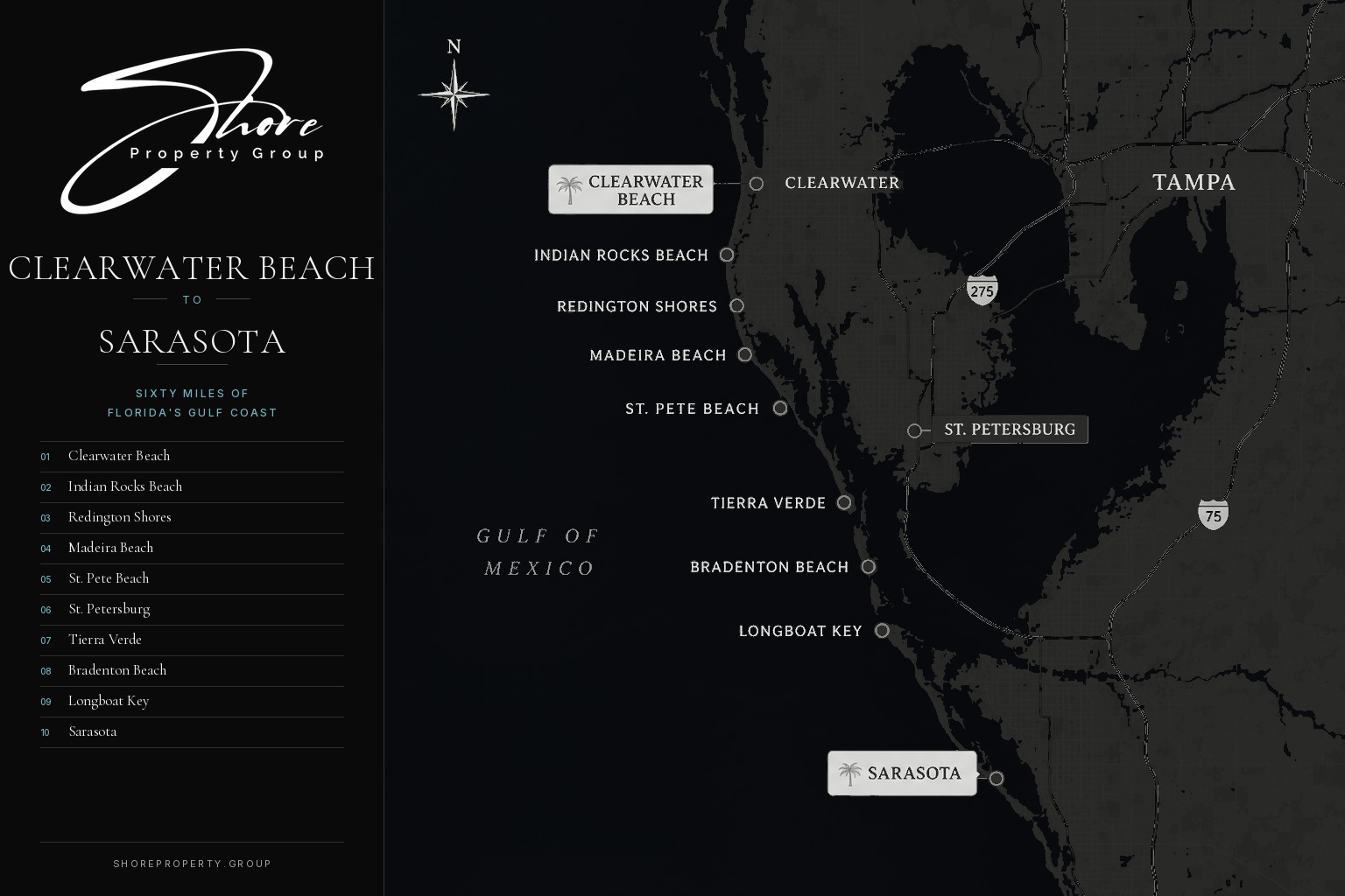 Map of Shore Property Group's service area along Florida's Gulf Coast, marking ten markets from Clearwater Beach south to Sarasota: Clearwater Beach, Indian Rocks Beach, Redington Shores, Madeira Beach, St. Pete Beach, St. Petersburg, Tierra Verde, Bradenton Beach, Longboat Key and Sarasota